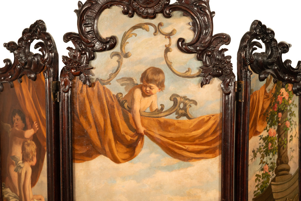 Antique French Rococo Oil Canvas Walnut Painting Landscape Cherubs Screen 1870