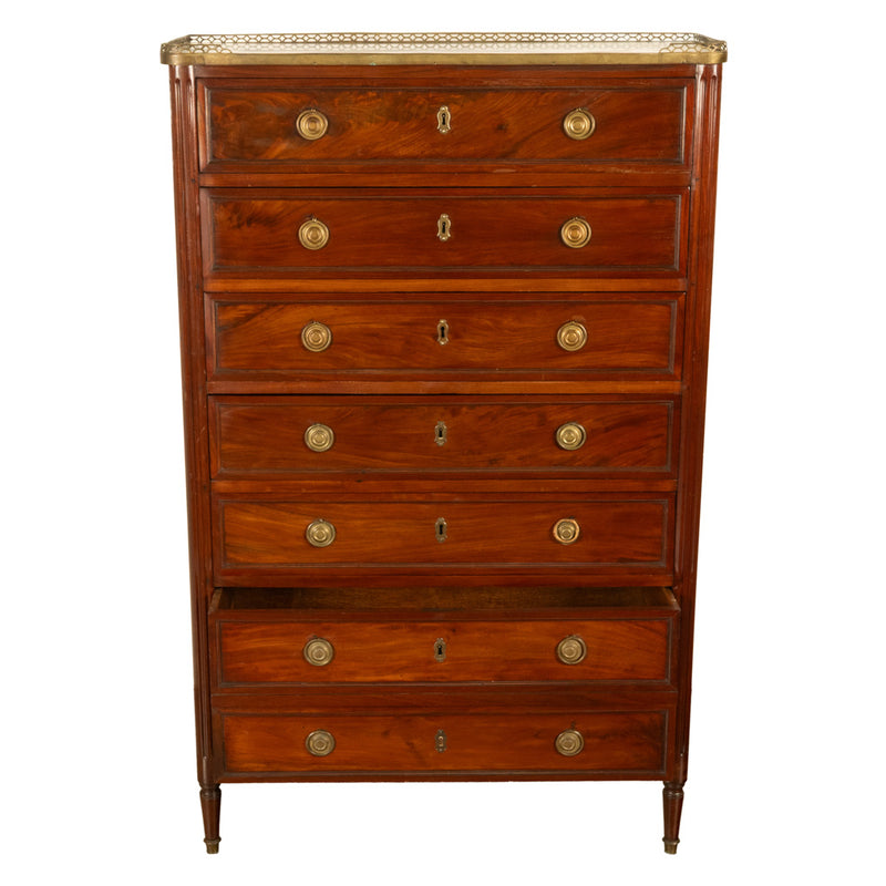 Tall Antique 19thC French Louis XVI Semainier Mahogany Marble Chest Drawers 1880