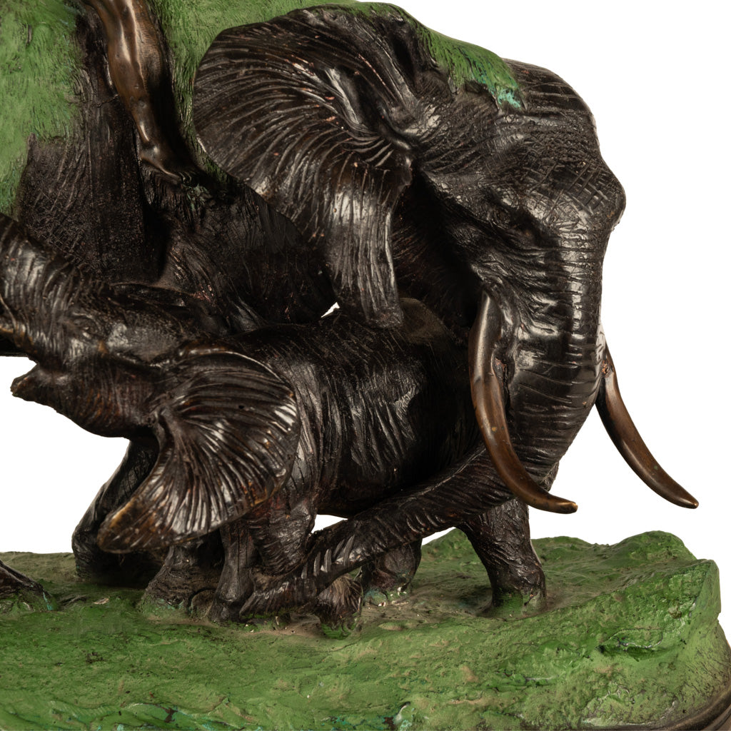 Antique Cast Bronze Elephant Hunt Scene with Lion Antonio Amorgasti Belgium 1925