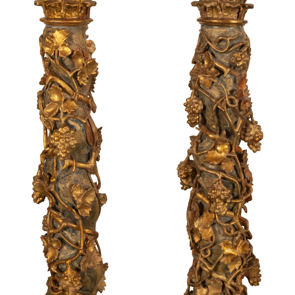 Antique Pair 17th Century Baroque Carved & Gilded Solomonic Columns Italy 1680