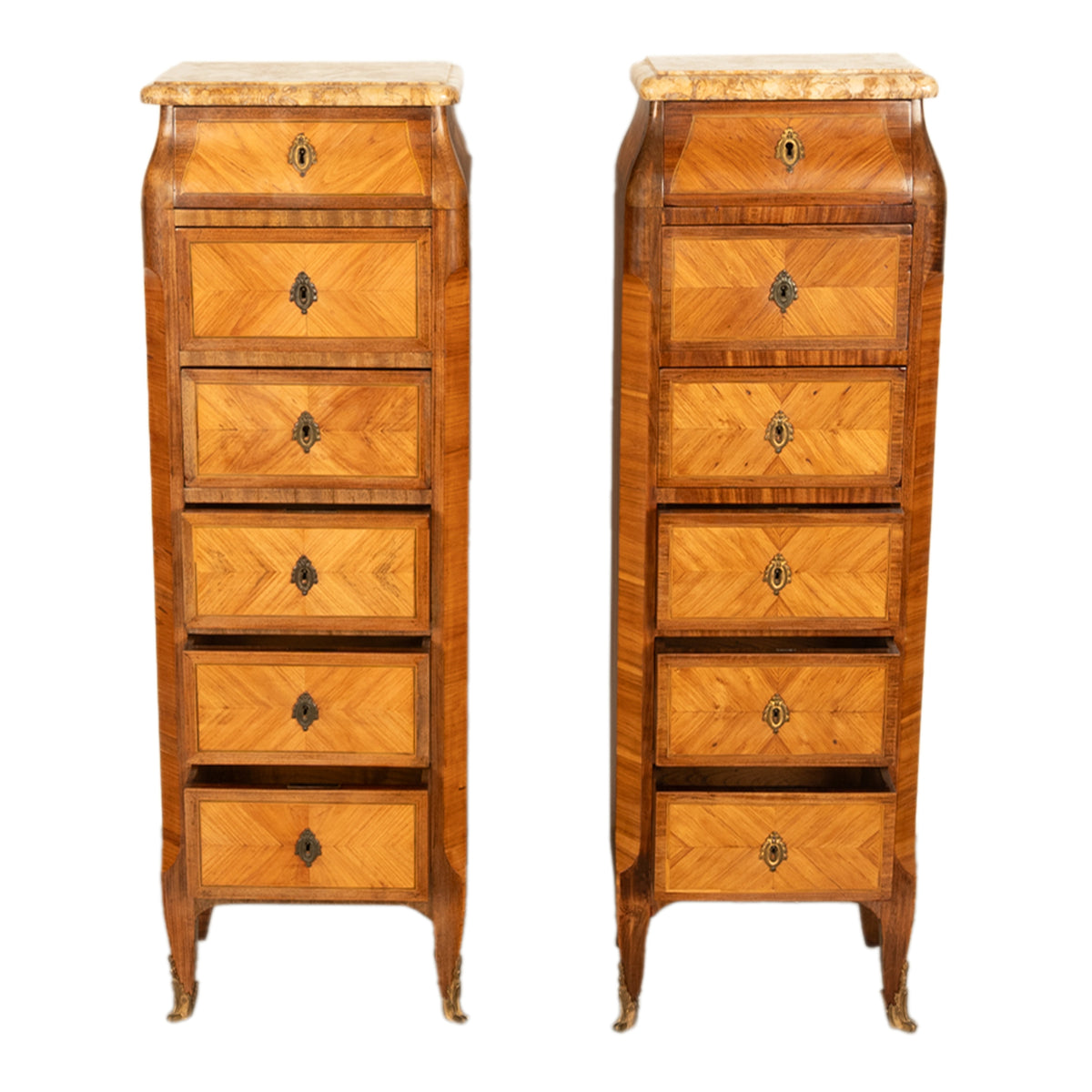 Antique Pair French Louis XV Chiffonier Marble & Kingwood Tall Lingerie Chests Circa 1880