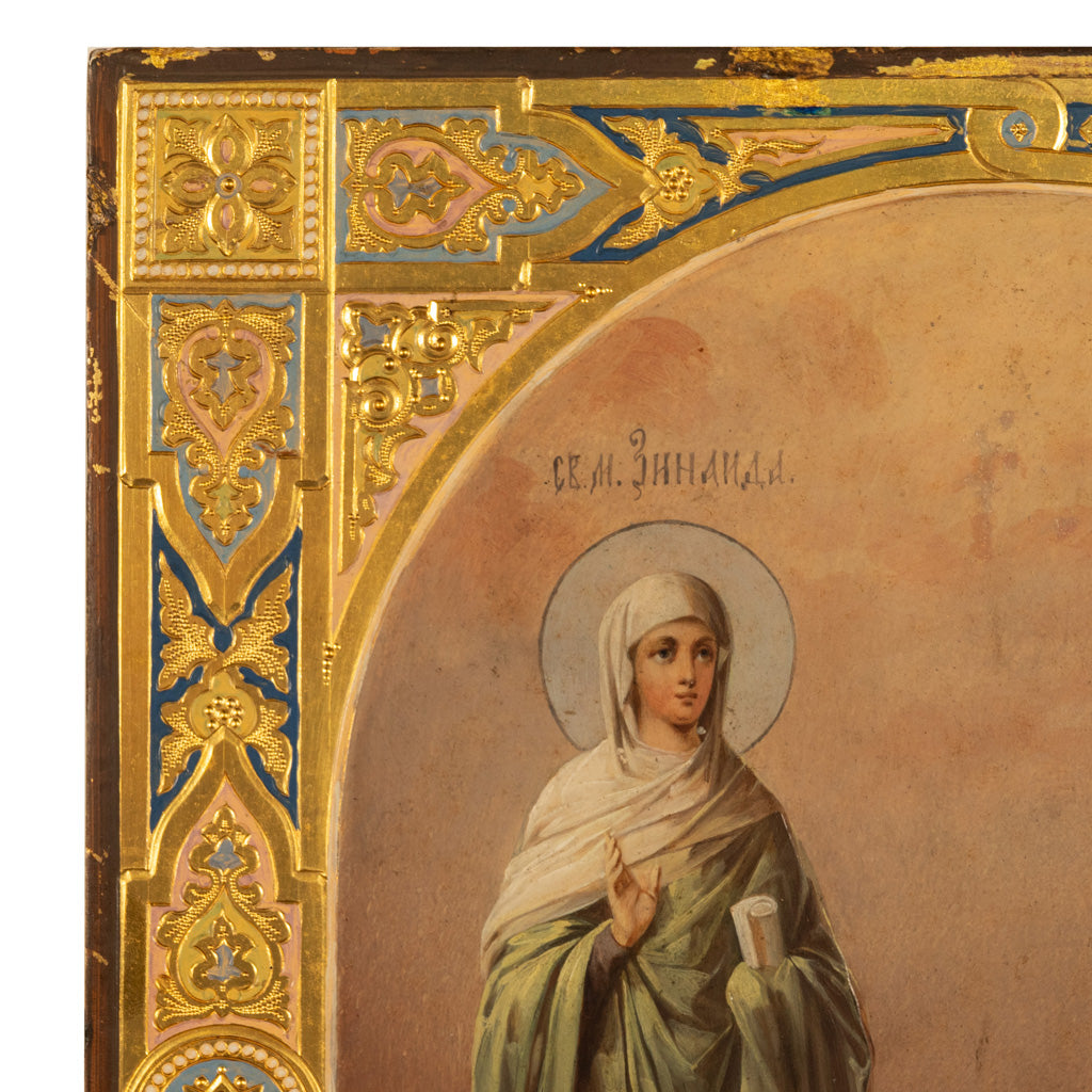 Antique 19th Century Russian Icon Egg Tempera Gilded St. Pelagia St. James 1860
