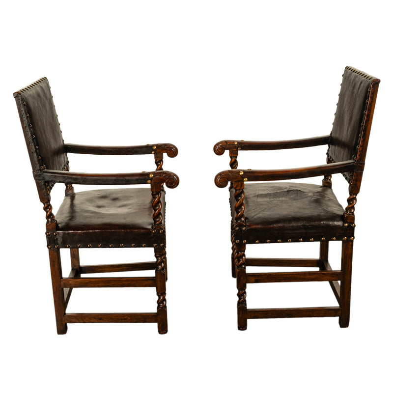 Antique Set 8 English Oak & Leather Barley Twist Baroque Dining Arm Chairs 1880