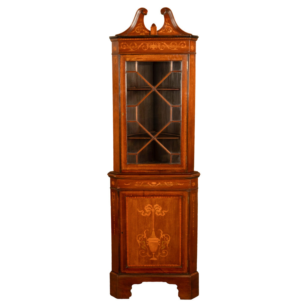 Antique Edwardian Regency Revival Inlaid Marquetry Mahogany Corner Cabinet 1890