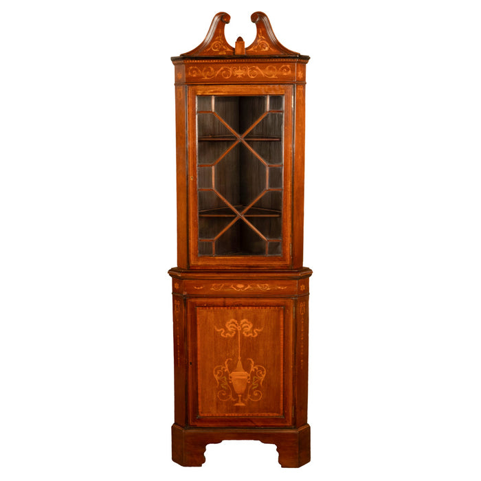 Antique Edwardian Regency Revival Inlaid Marquetry Mahogany Corner Cabinet 1890