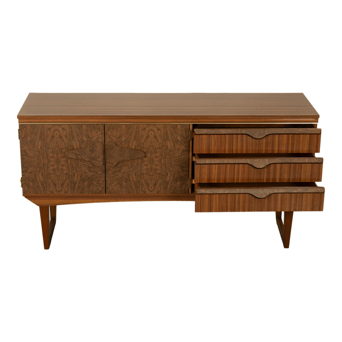 Mid Century Modern Danish Style Compact Zebra Wood Teak Credenza Sideboard 1960