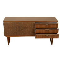 Mid Century Modern Danish Style Compact Zebra Wood Teak Credenza Sideboard 1960
