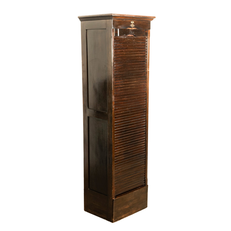 Antique Tall Spanish Walnut Tambor Roll Down Filing Cabinet "Muebles Rex" Madrid Circa 1910