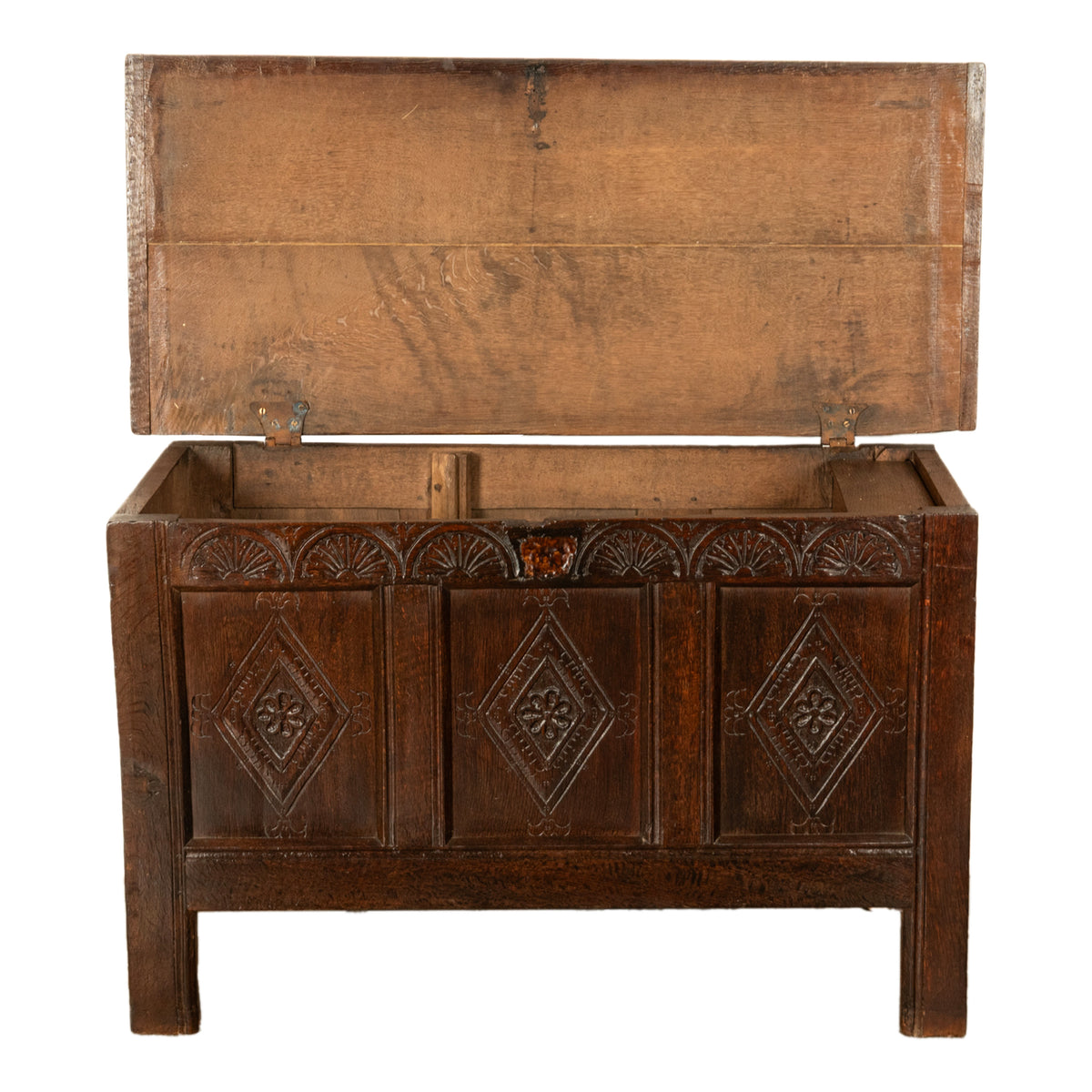 Antique English 17th Century Charles II Carved Oak Coffer Panelled Chest 1680