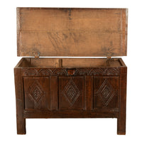 Antique English 17th Century Charles II Carved Oak Coffer Panelled Chest 1680