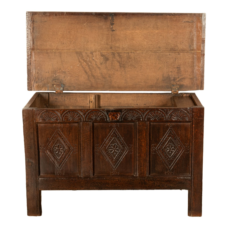 Antique English 17th Century Charles II Carved Oak Coffer Panelled Chest 1680