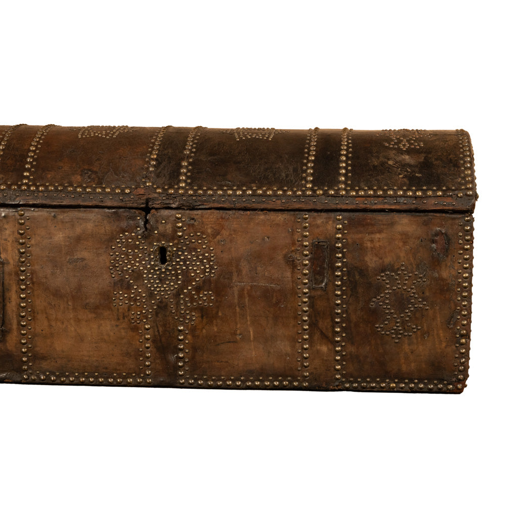 Antique 17th Century Italian Leather and Pine & Brass Stud Work Carriage Chest Trunk 1680