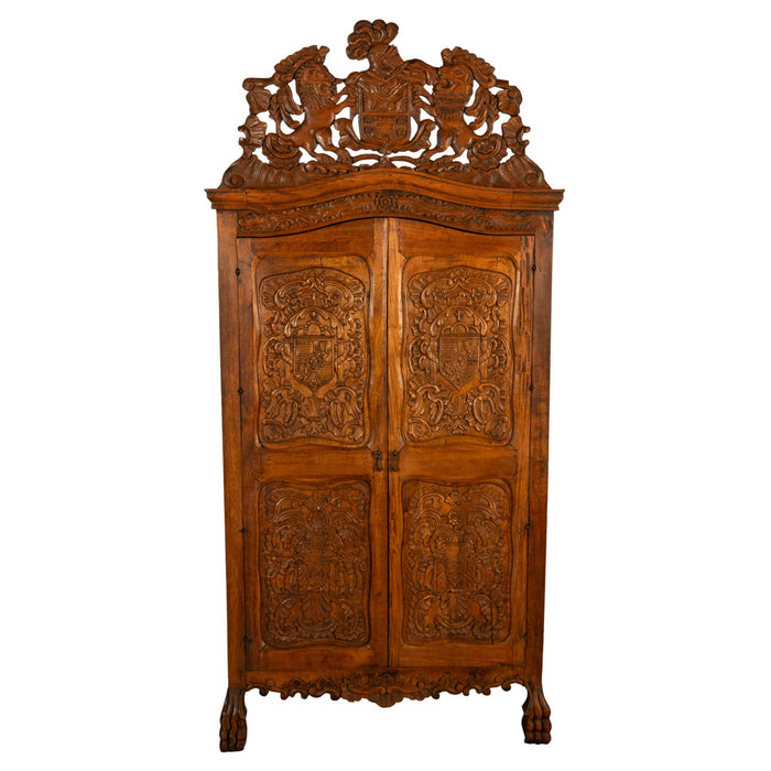 Antique 18th Century Carved Walnut Corner Cabinet Spainish Royal Coat of Arms