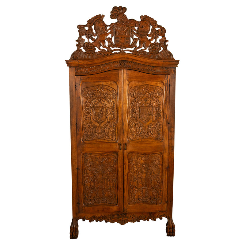 Antique 18th Century Carved Walnut Corner Cabinet Spainish Royal Coat of Arms