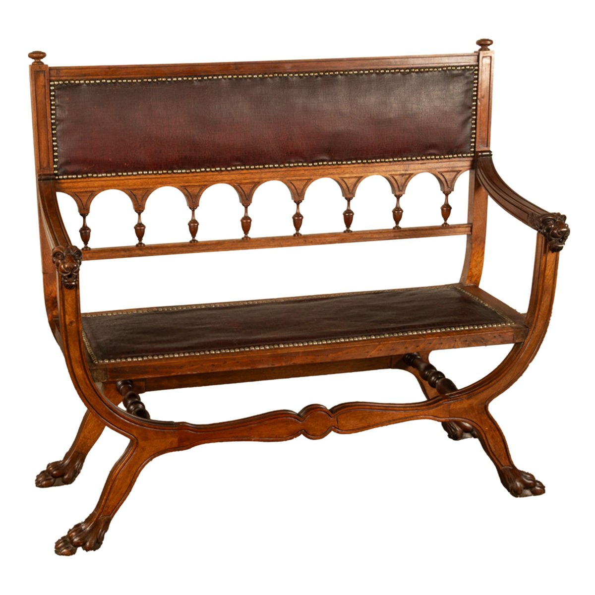 Antique Renaissance Revival Carved Walnut & Leather Hall Window Bench Italy 1880