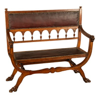 Antique Renaissance Revival Carved Walnut & Leather Hall Window Bench Italy 1880