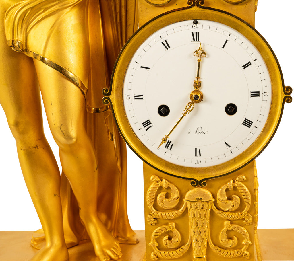 Antique French Gilt Bronze Empire Neoclassical Statue Clock by Rabiat Paris 1810