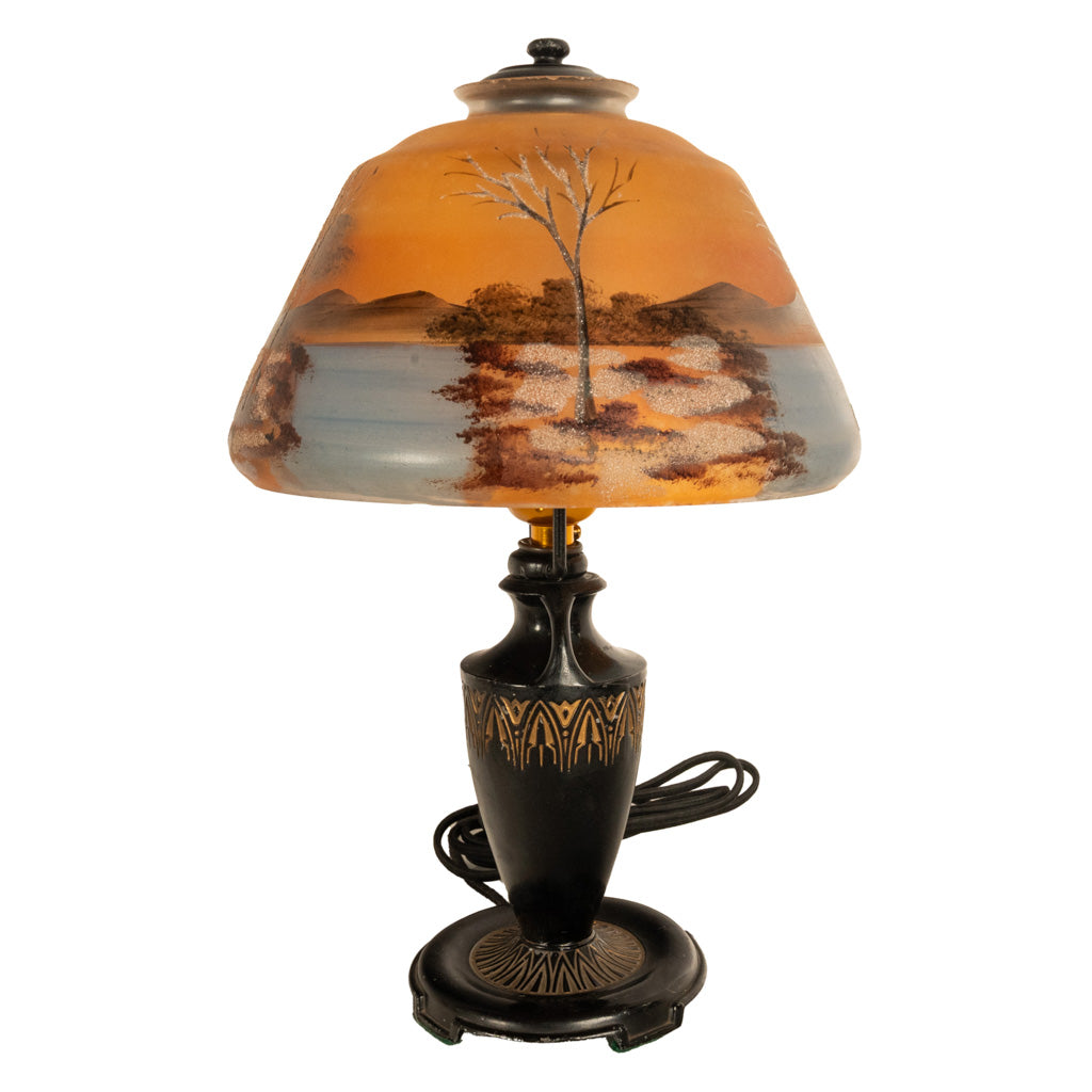 Antique Art Deco Moe Bridges Reverse Painted Landscape Boudoir Table Lamp 1920