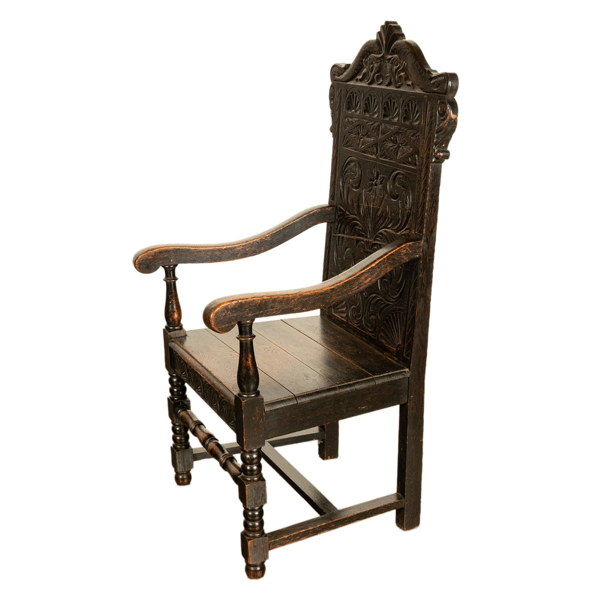 Antique 17th Century English Charles II Oak Carved Wainscot Armchair 1680