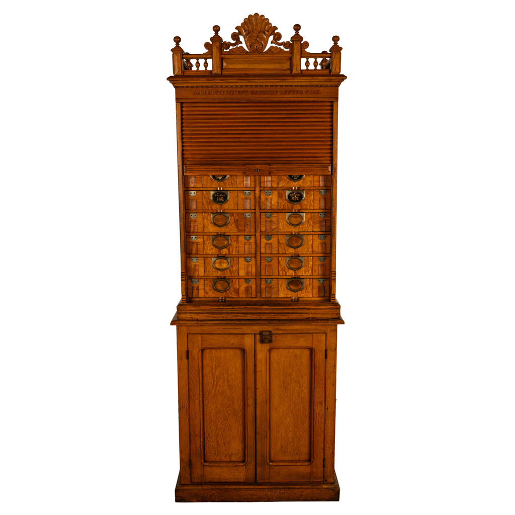 Antique American Carved Oak Victorian Roll Top Letter File Cabinet Amberg Co, 1883