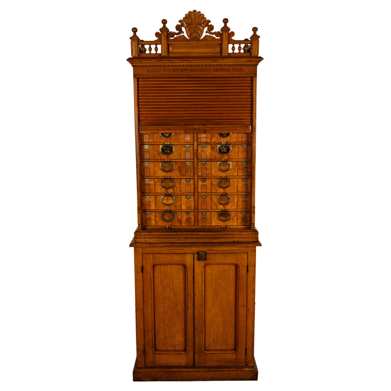 Antique American Carved Oak Victorian Roll Top Letter File Cabinet Amberg Co, 1883