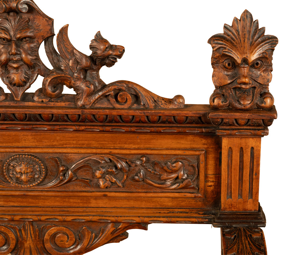 Antique Renaissance Revival Carved Walnut Green Man Savonarola Chair Circa 1890