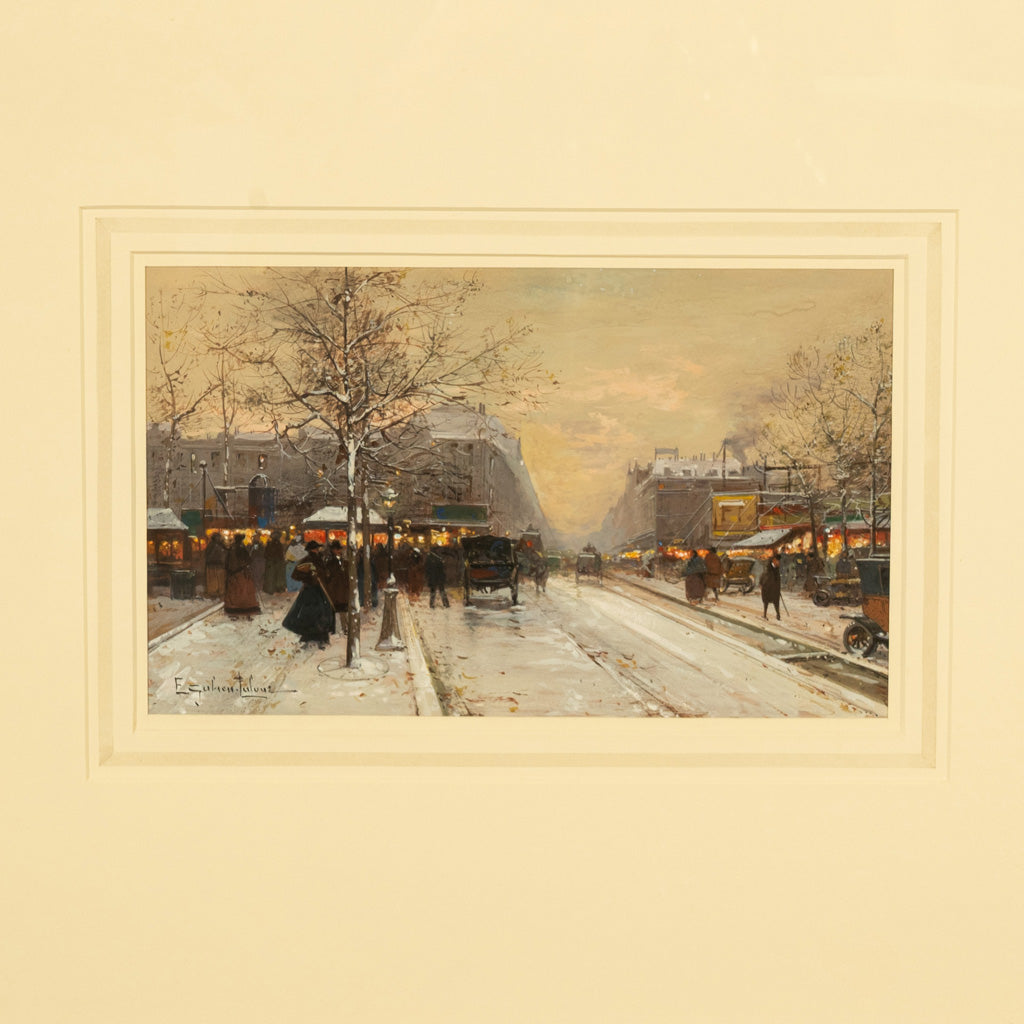 French Impressionist Painting Winter Landscape Scene "Foire de Montmartre" Paris by Eugene Galien-Laloue, 1900