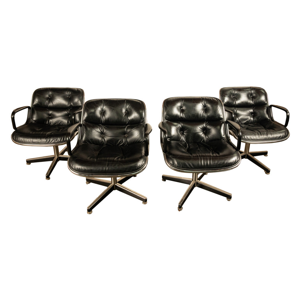 Set of 4 Mid Century Modern Charles Pollock Knoll Black Leather Executive Chairs, 1963