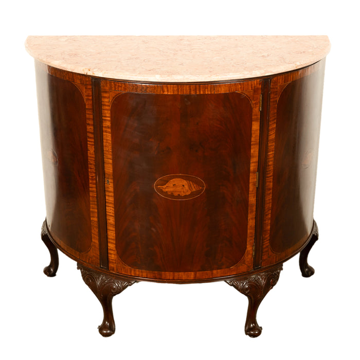 Antique Mahogany Marble Top Demi-Lune Marquetry Inlaid Drinks Cabinet or Server, Circa 1900
