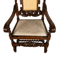 Antique French Louis XIII Carved Walnut Barley Twist Armchair Cane Cowhide 1880