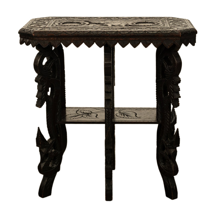 Antique Carved Anglo Indian Teak Wood Elephant Twin Tier Lamp Side Table 1900