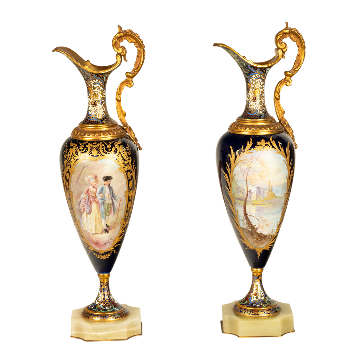 Pair Antique French Sevres Porcelain & Champleve, Ormolu Ewers Signed Rochette Circa 1890