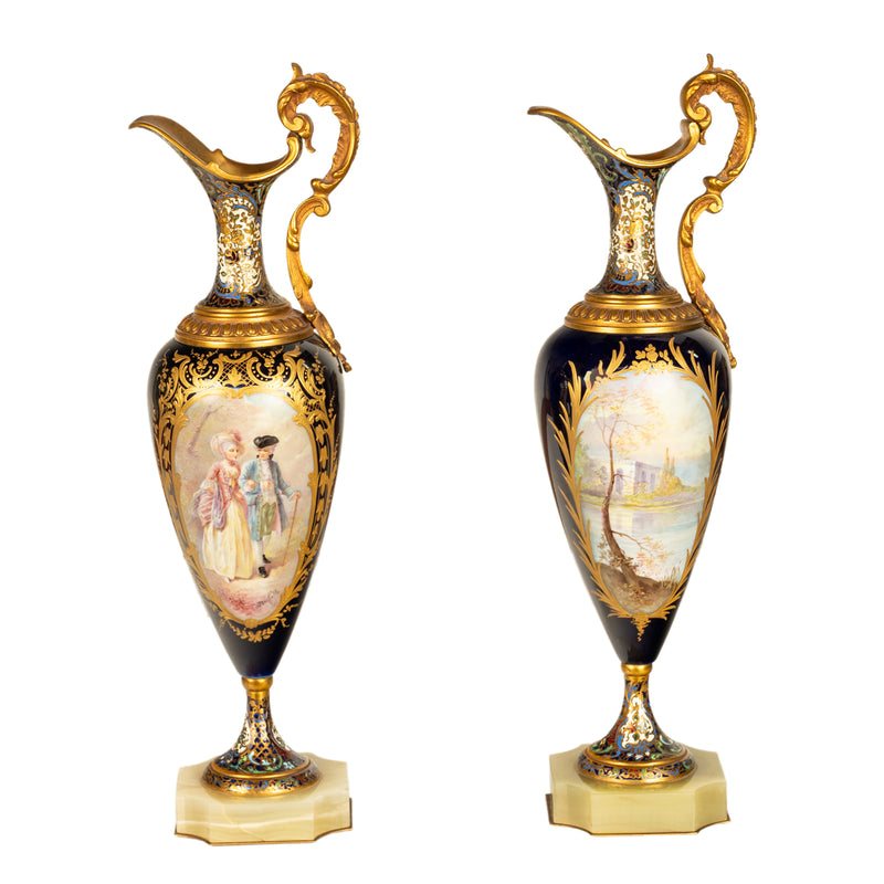 Pair Antique French Sevres Porcelain & Champleve, Ormolu Ewers Signed Rochette Circa 1890