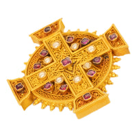 Antique Italian Etruscan Revival 22k Gold Brooch Rubies & Pearls Marchesini 1870