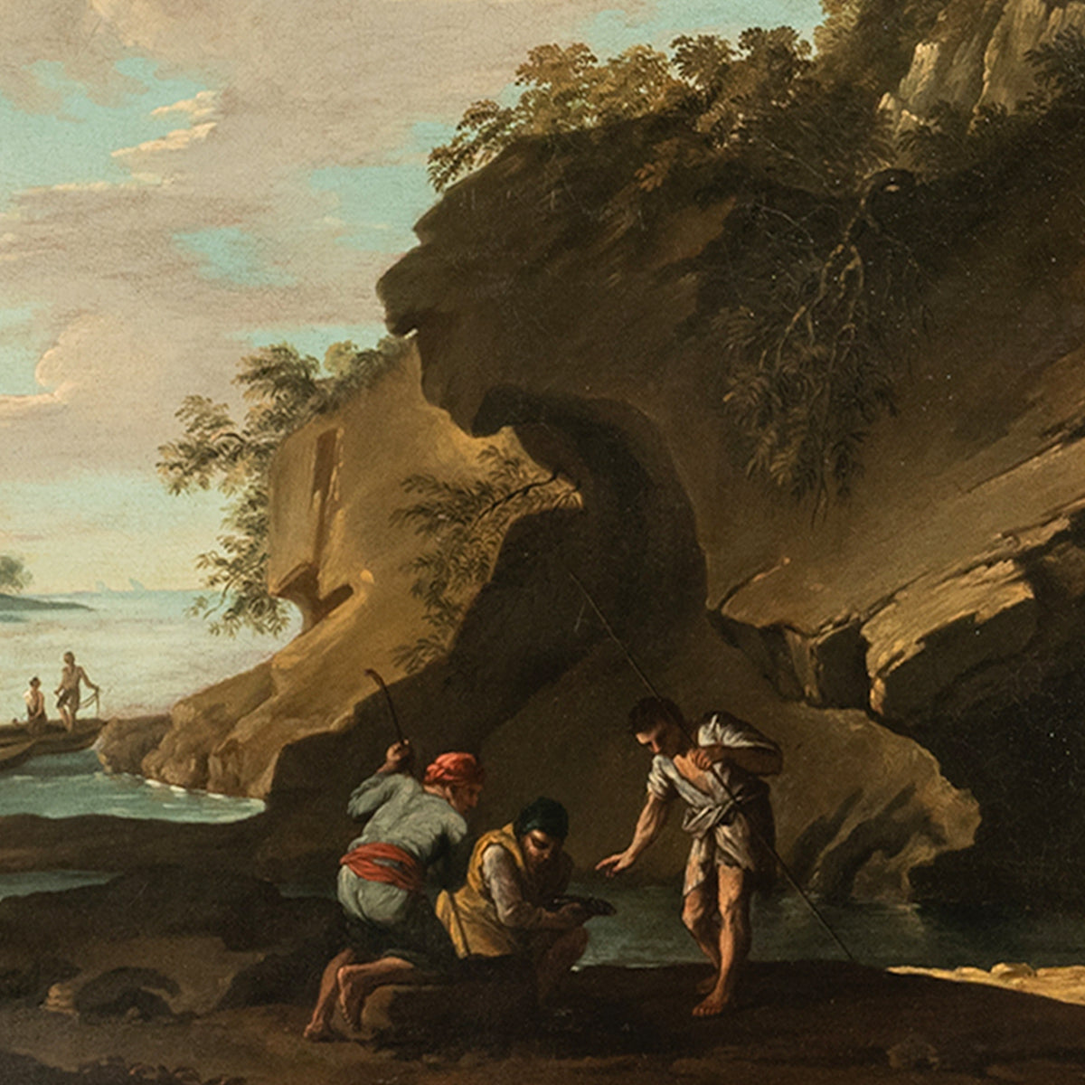 Italian 17th Century Baroque Oil on Canvas Painting Coastal Landscape Fishermen, Salvator Rosa Circa 1650