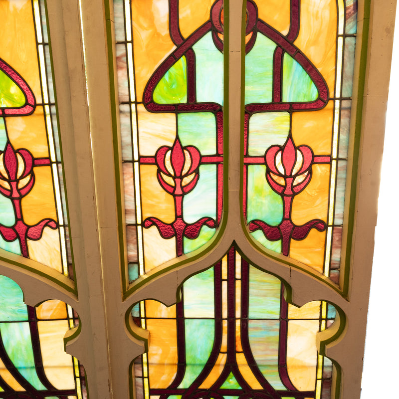 Pair Antique American Stained Glass Gothic Art Nouveau Doors Windows Povey Bros Circa 1900