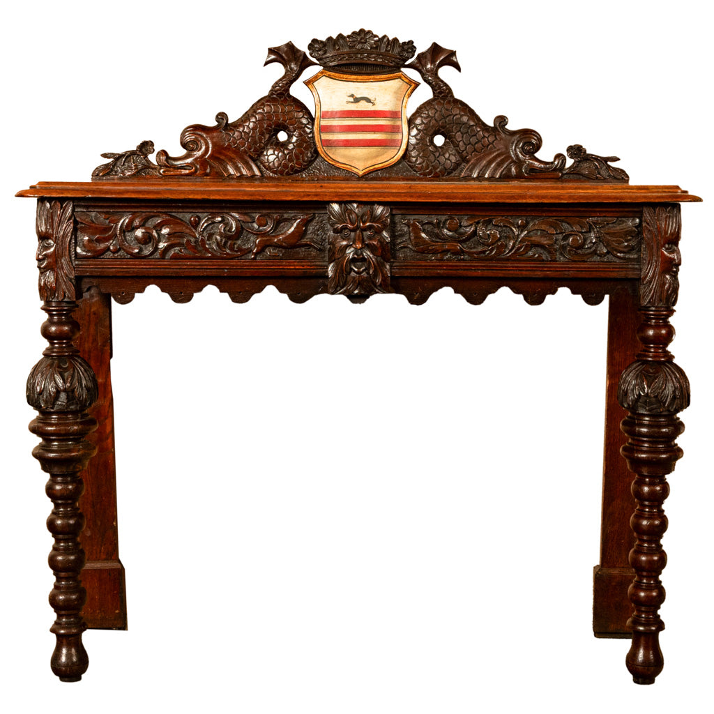Antique Carved Oak Hall Table Skipworth Family Painted Royal Coat of Arms 1860