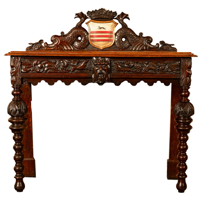 Antique Carved Oak Hall Table Skipworth Family Painted Royal Coat of Arms 1860