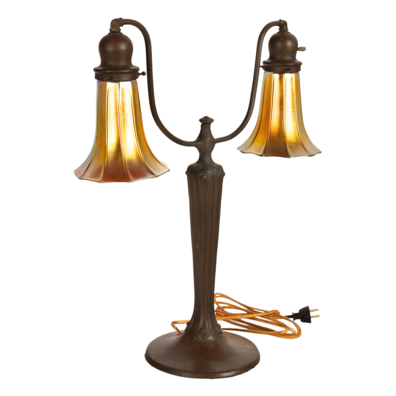 Antique American Art Nouveau Bronze Handel Table Lamp Steuben Aurene Glass Shades Circa 1910