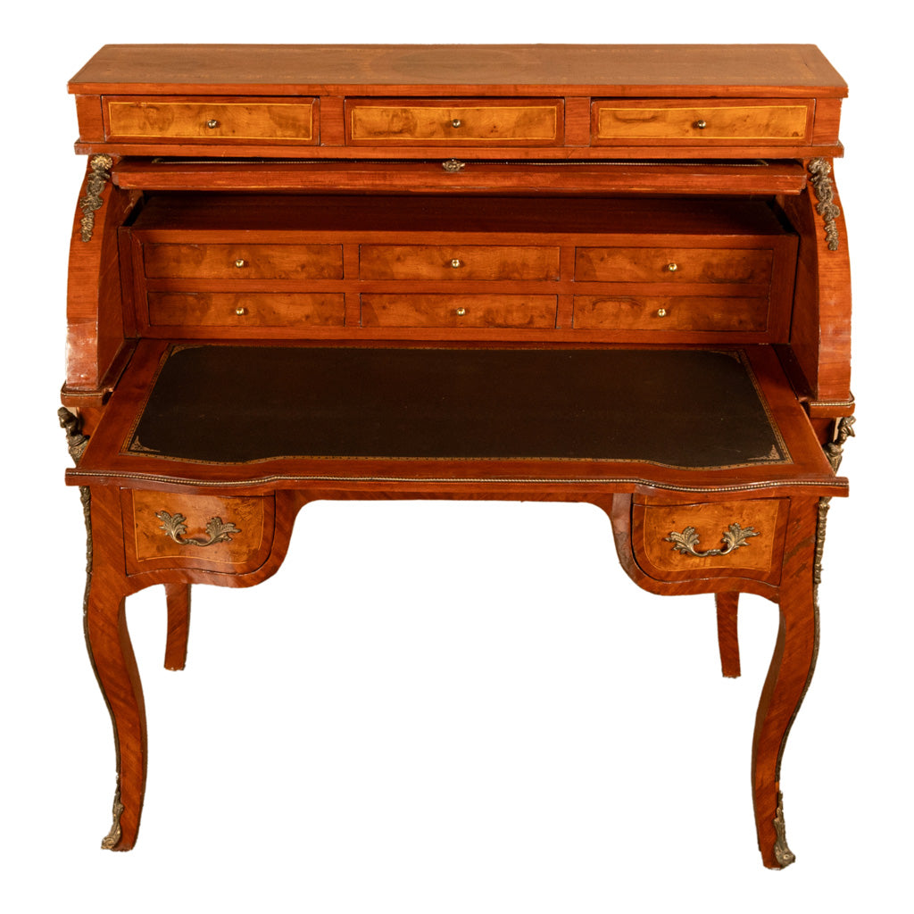 Antique French Louis XV Cylinder Marquetry & Ormolu Bureau Writing Desk 1880