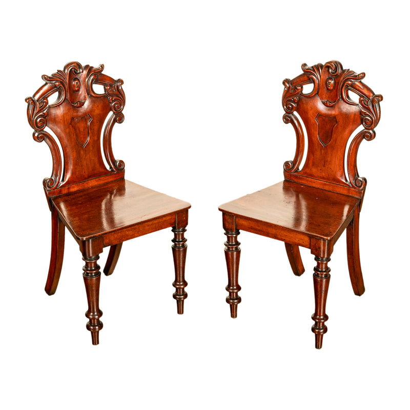 Pair Antique Regency Carved Mahogany Country House Shield Back Hall Chairs 1825