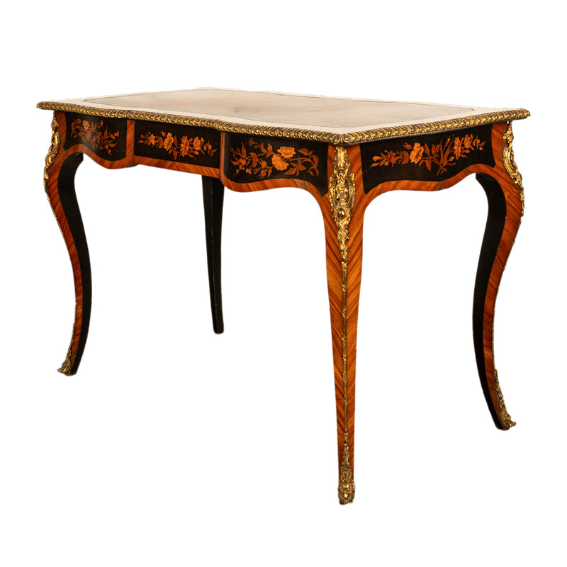 Antique French Louis XV Tulipwood Marquetry Ormolu Bureau Plat Writing Table Circa 1880