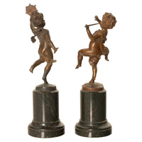 Pair Antique French Bronze Marble Putti Dancing Musicians Statues Sculpture 1860
