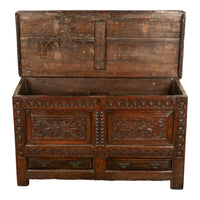 Antique English 17th Century King Charles II Carved Oak Coffer Mule Chest 1680
