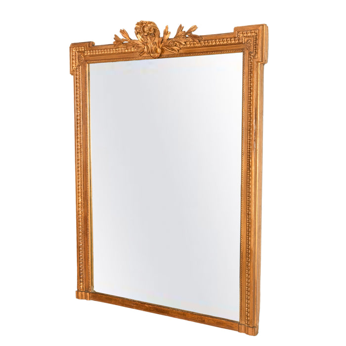 Large Antique 19th Century French Louis XVI Giltwood Crested Wall Mirror 1850