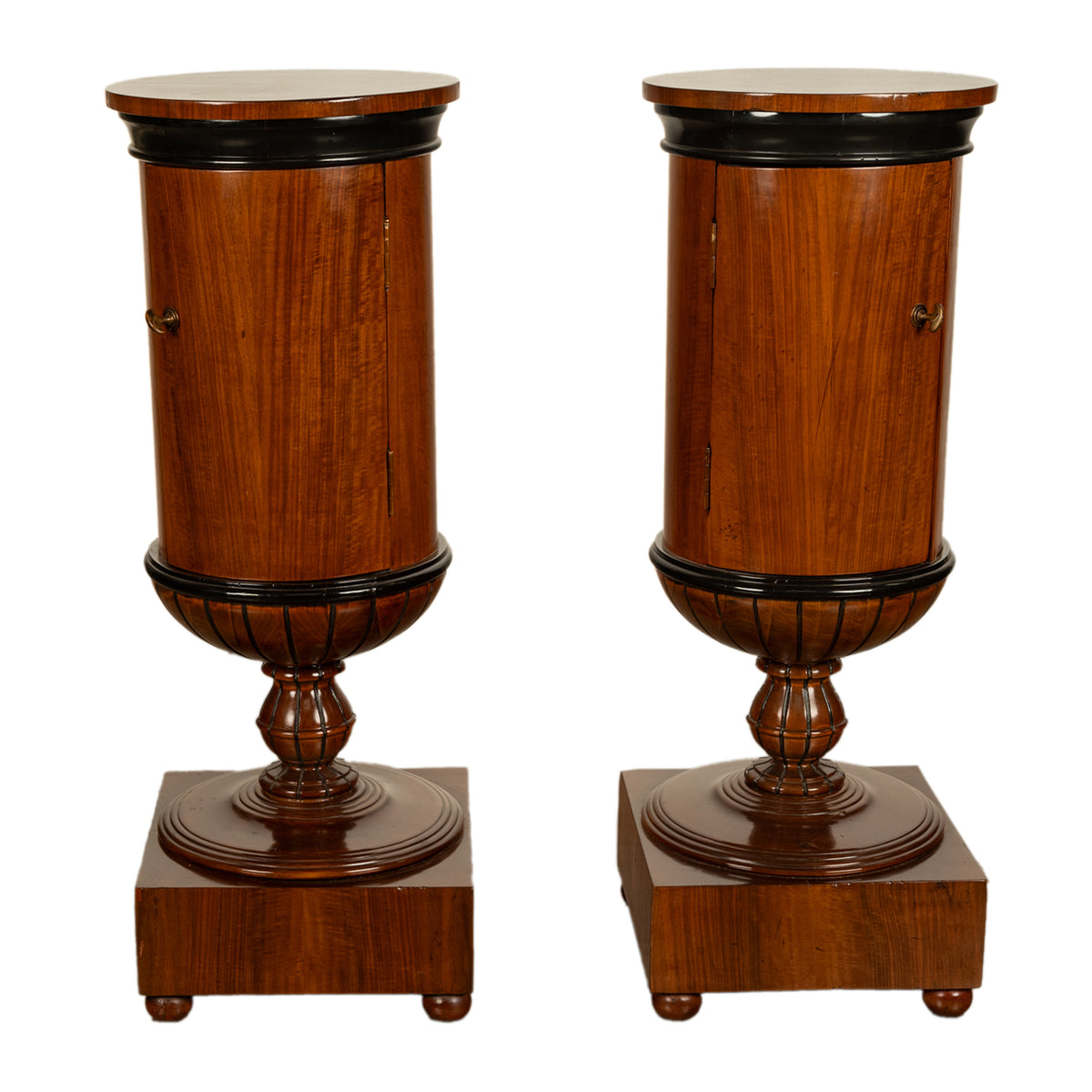 Pair Antique Austrian Walnut Biedermeier Drum Pedestal Cabinets Nightstands 1830