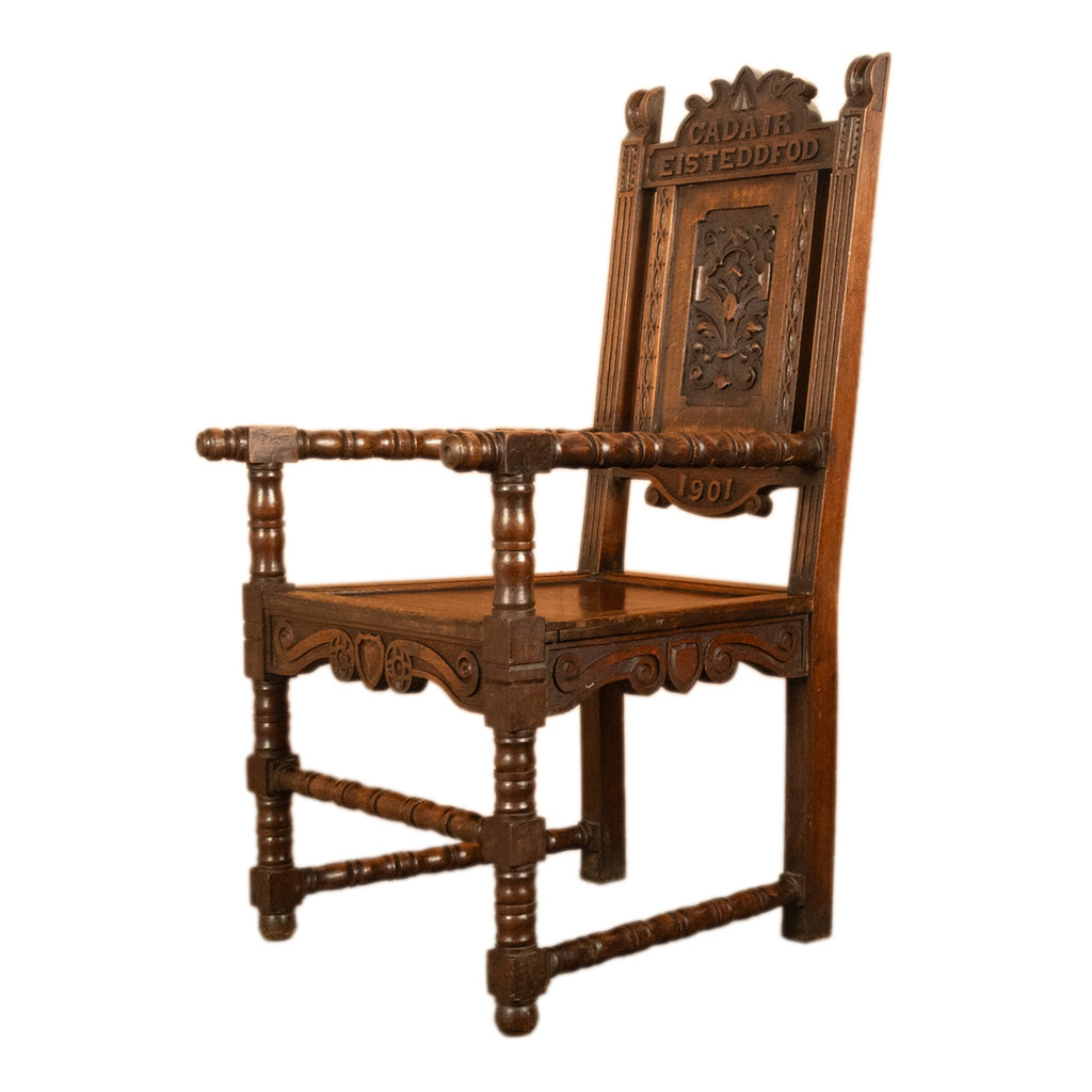 Antique Welsh Carved Oak Eisteddfod Bardic Chair Newmarket Trelawnyd Wales 1901