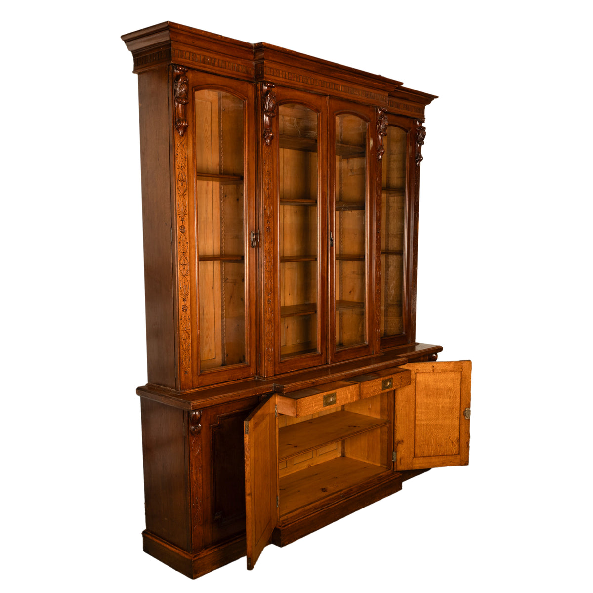 Antique Monumental Irish Carved Oak Breakfront Bookcase Library Bibliotheque circa 1860