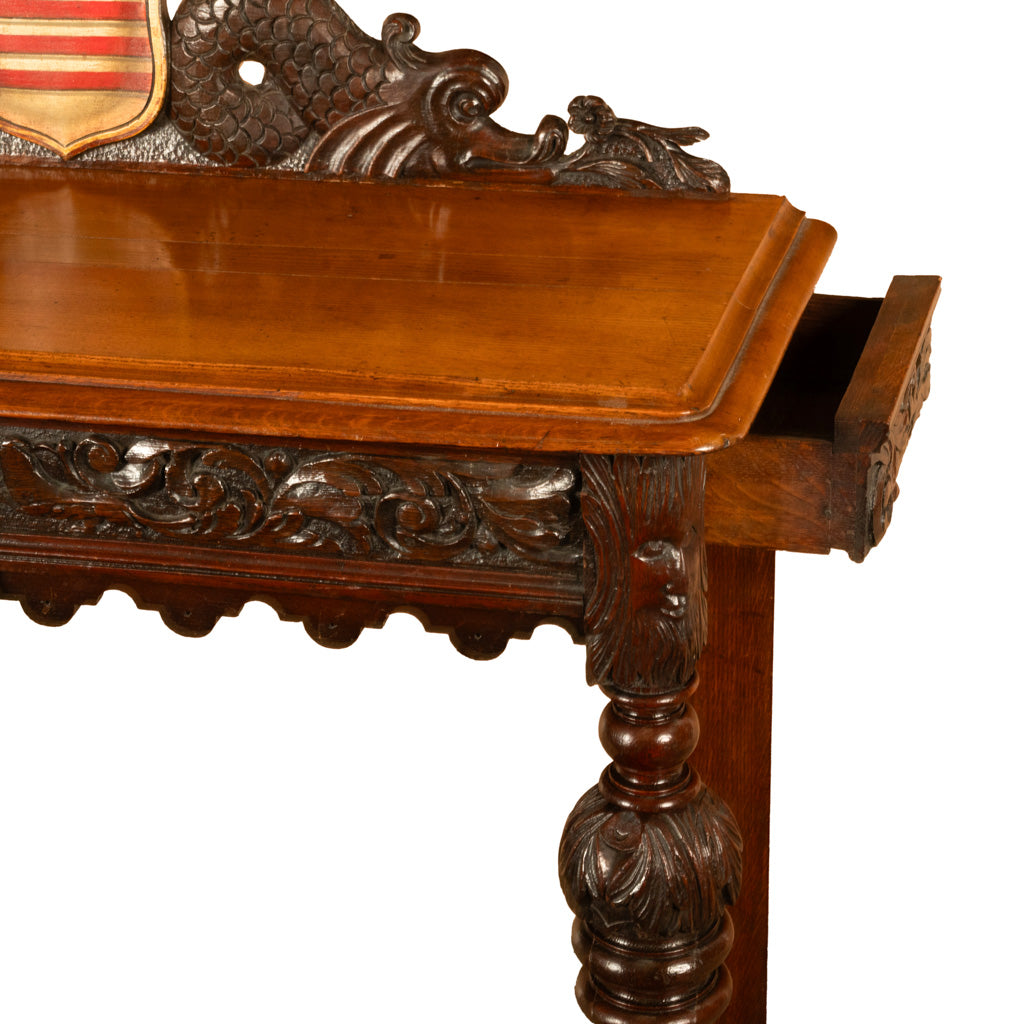 Antique Carved Oak Hall Table Skipworth Family Painted Royal Coat of Arms 1860