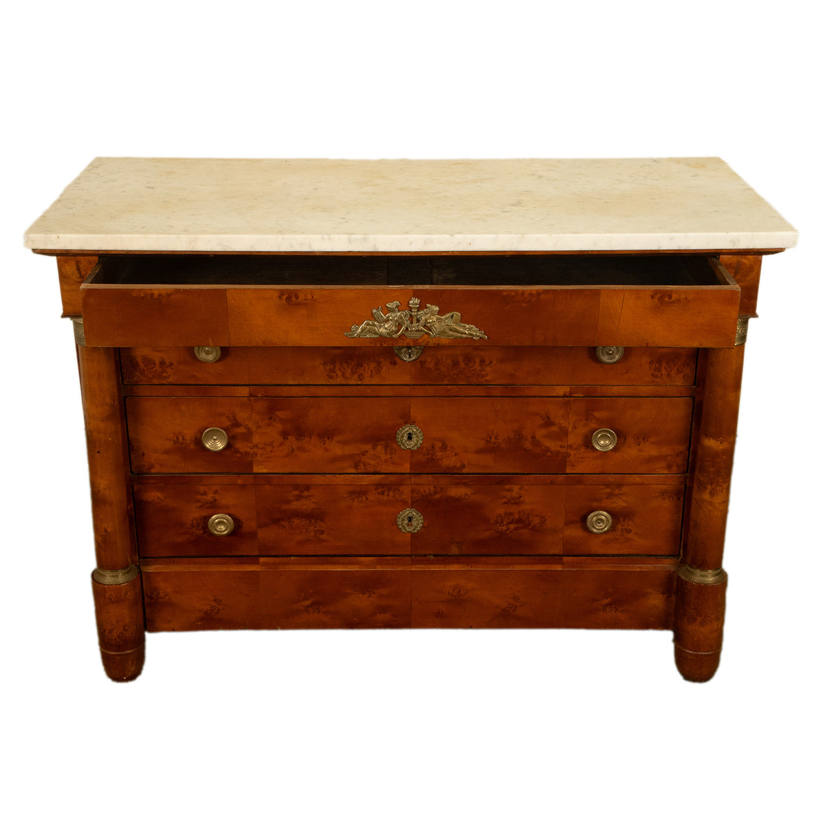 Antique 19th Century French Empire Burl Walnut Marble Ormolu Chest Drawers Commode 1810
